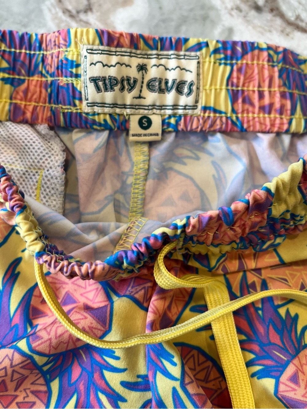 Tipsy Elves Yellow Tropical Print Swim Trunks